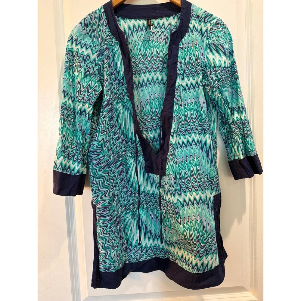 Hermanny by Vix Teal Navy Zigzag Cotton Tunic Beach Cover Up Y9K380